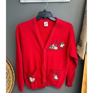 Vintage Jerzees Sweatshirt Womens Large Red Pig Graphic Cardigan USA 90s Farm